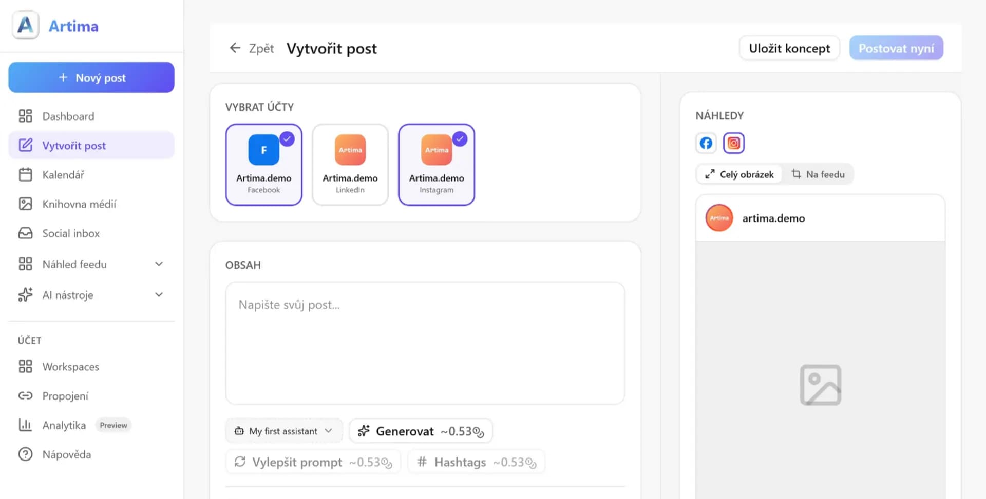 Artima při tvorbě příspěvku – výběr účtů na Facebooku, LinkedInu a Instagramu, textové pole s generováním obsahu i hashtagů pomocí AI a živý náhled toho, jak příspěvek na síti vypadá.