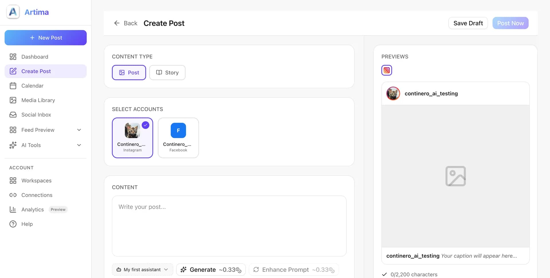 Artima composing a post – choosing which Instagram and Facebook accounts to publish to, picking a post or a story, a text field with AI generation of the copy and hashtags, and a live preview of how the post will look on the network.